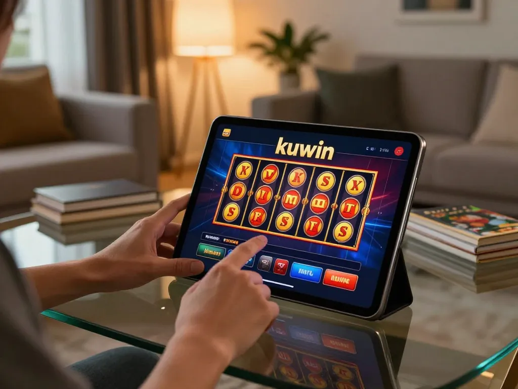 Engaged user exploring kuwin online casino on a tablet in a cozy living room.