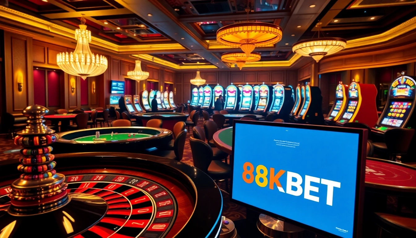 Engage with the thrilling atmosphere of 8KBET, featuring roulette wheels, poker tables, and slot machines.