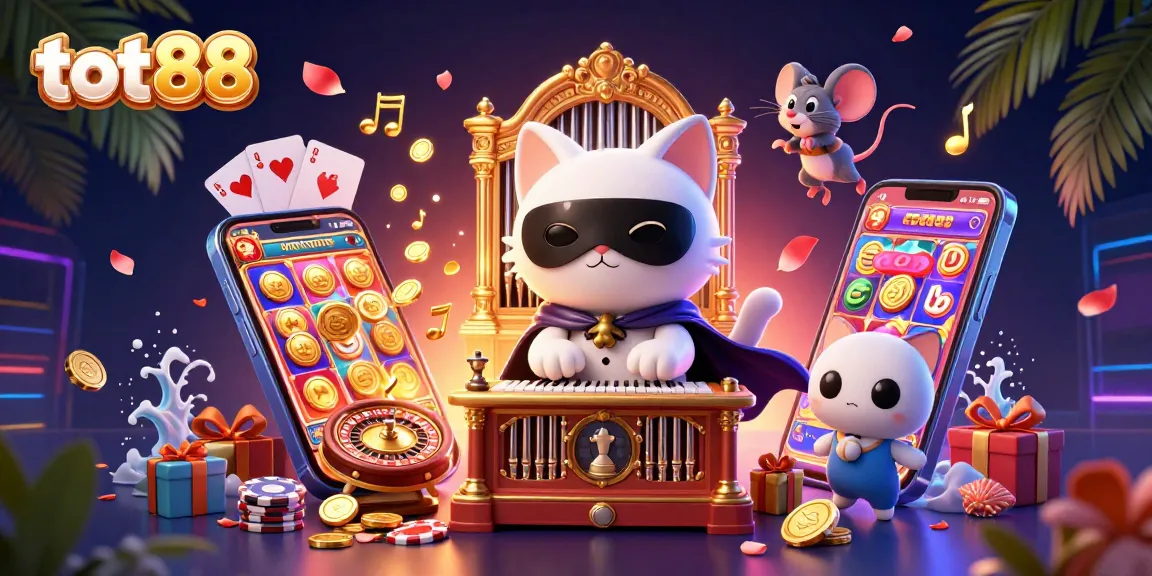 tot88 features a phantom cat and mouse acrobat in a dynamic casino scene with vibrant slot elements.