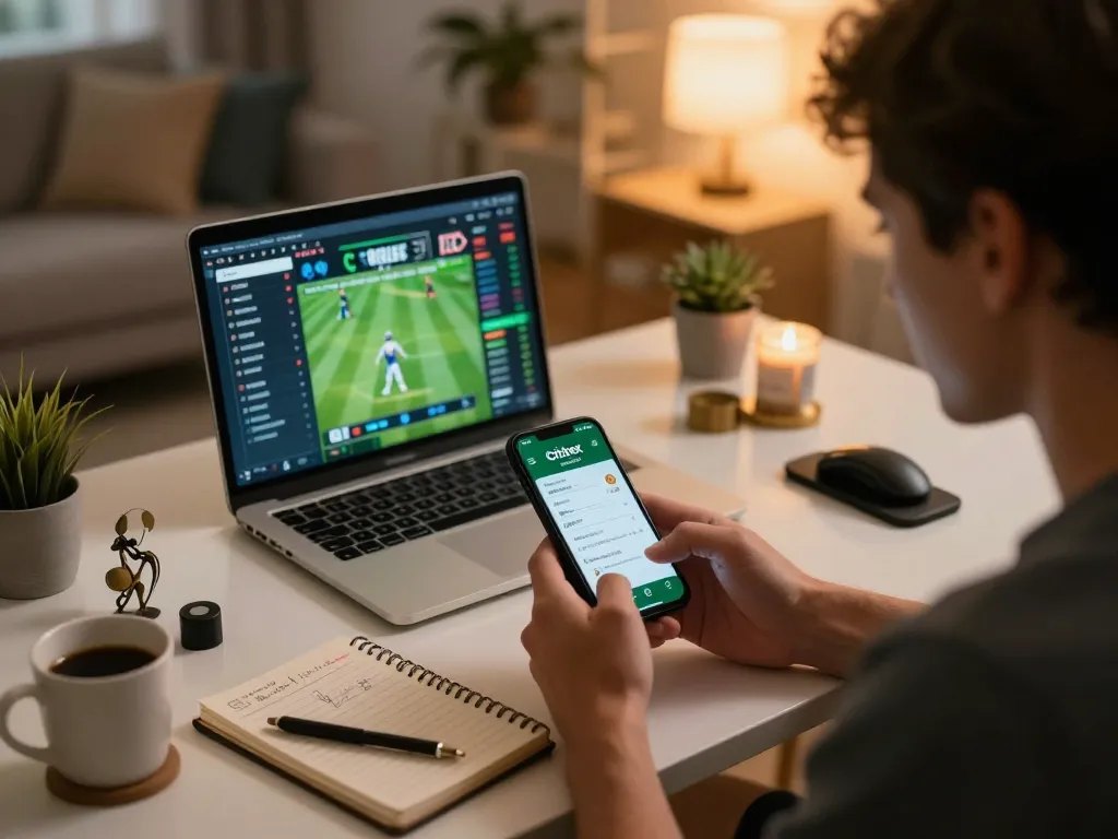 Engaging in mobile cricket betting on Crickex app at home with strategic notes and live stats.