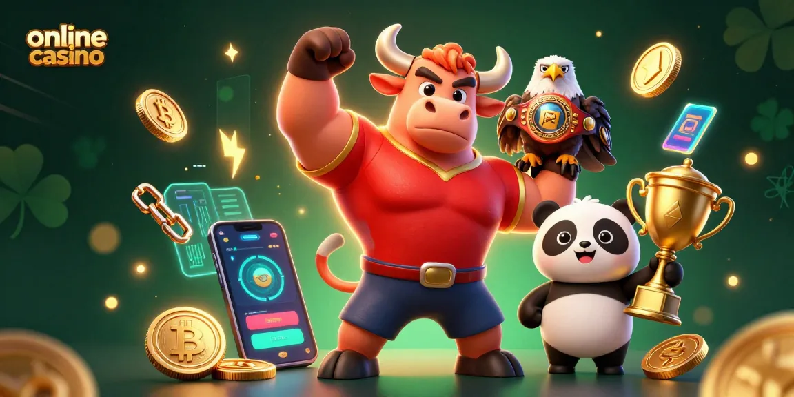 Engaging online casino scene featuring victorious bull, eagle, and panda amidst vibrant digital elements.