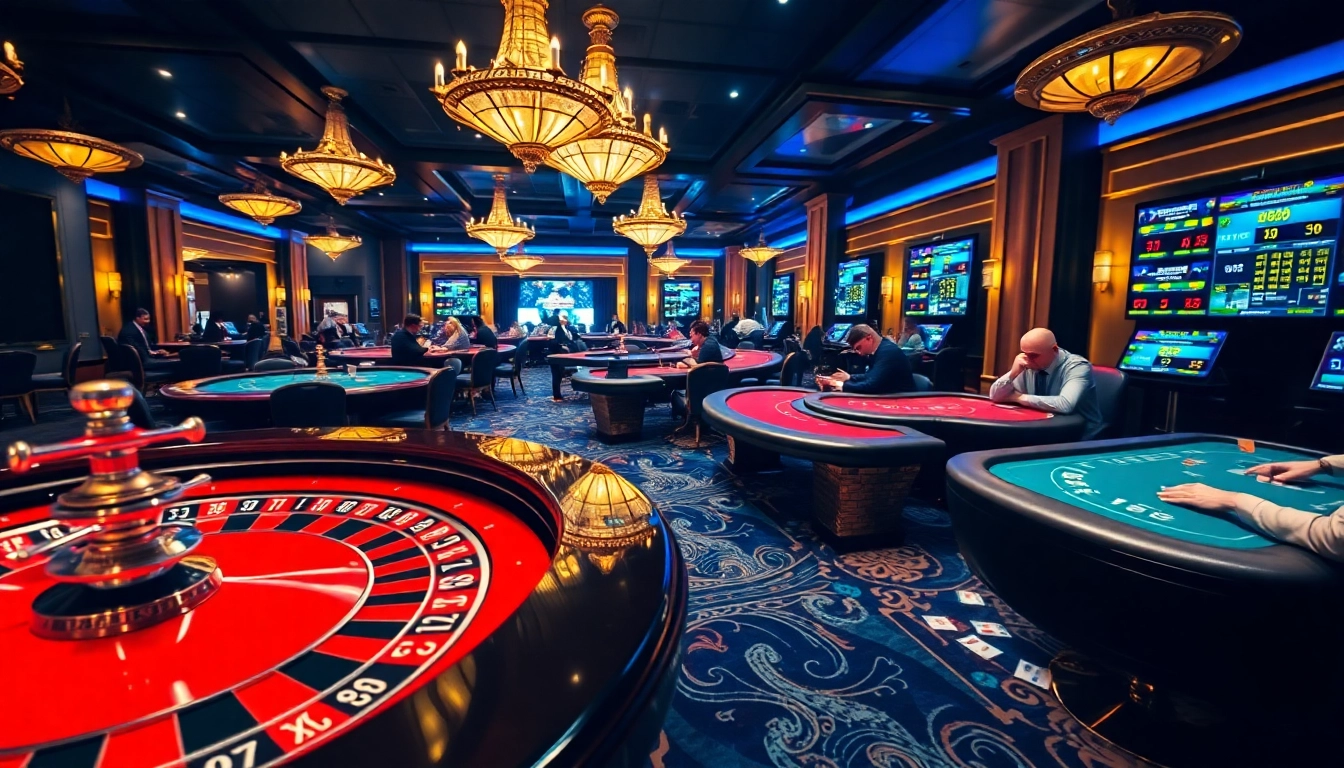 Players enjoying a thrilling casino experience at XX88 with roulette and poker tables.