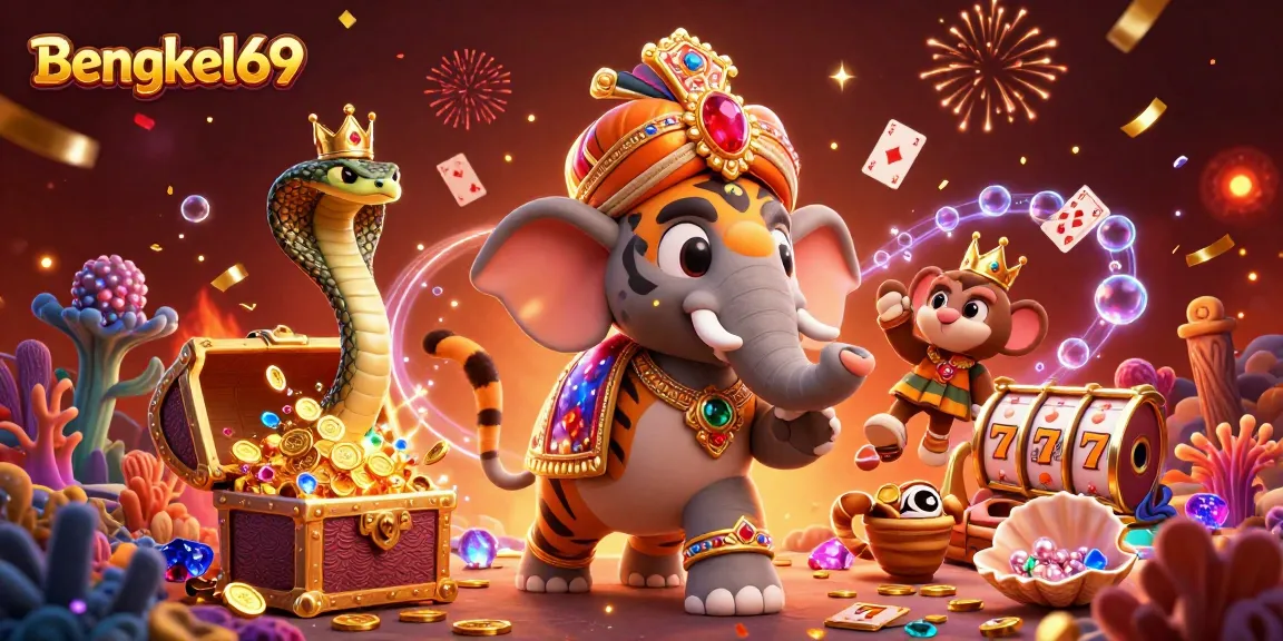 Bengkel69 offers thrilling slot action with a vibrant illustration featuring a maharaja tiger and gems.