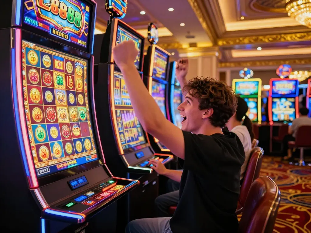 Excited player celebrating a win on the Lucky 88 slot machine in a vibrant casino atmosphere.