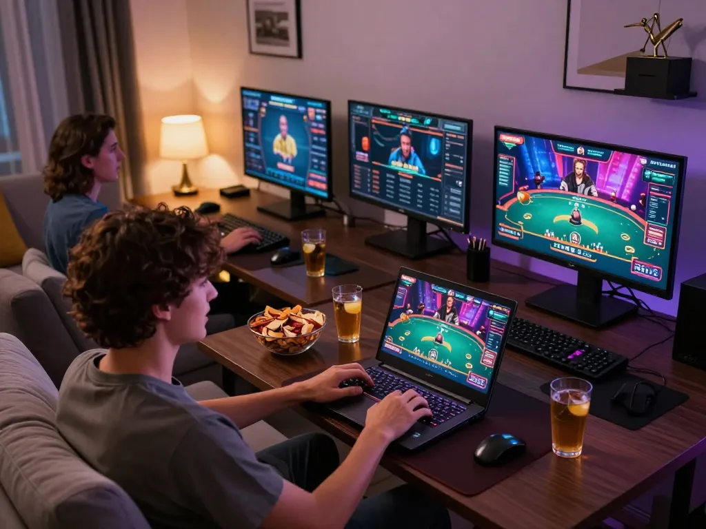 Engaging in online poker at home with iwin gaming setup, showcasing vibrant graphics and comfortable atmosphere.