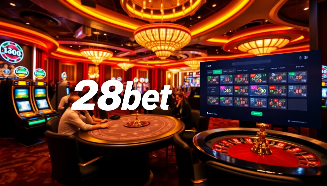 A high-stakes poker game at 28bet with engaging players and vibrant slot machines, capturing the excitement of online gambling.