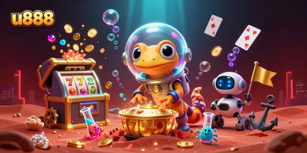Experience u888's exciting casino adventure with a Martian gecko amidst gold and slot machines.