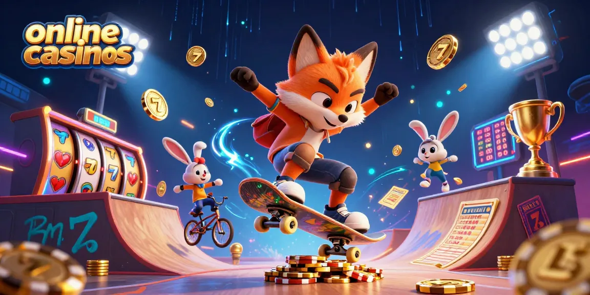 Experience the thrill at online casinos with an exciting 3D illustration of animated characters and gaming elements.