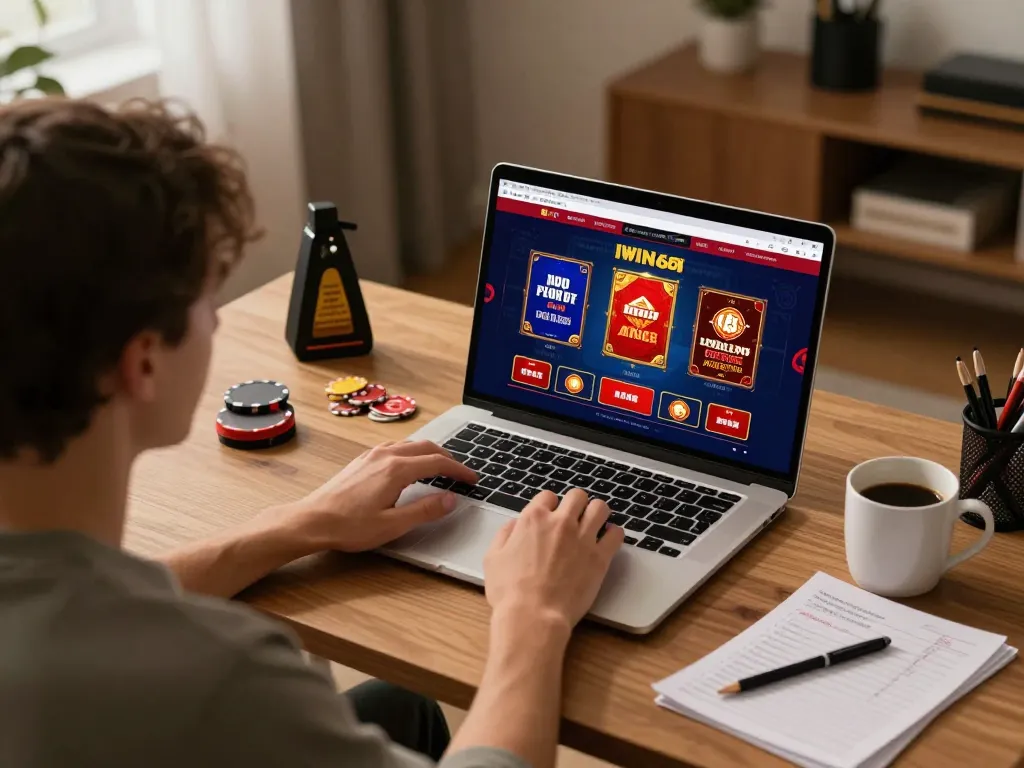 IWIN68 player engaging in online casino gameplay on a laptop, showcasing an immersive gaming environment.