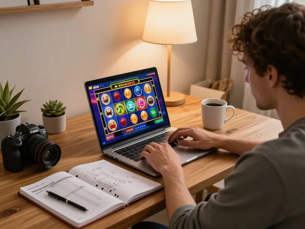 Engage in situs toto gaming with slots at home, showcasing a cozy setup with laptop and strategy notes