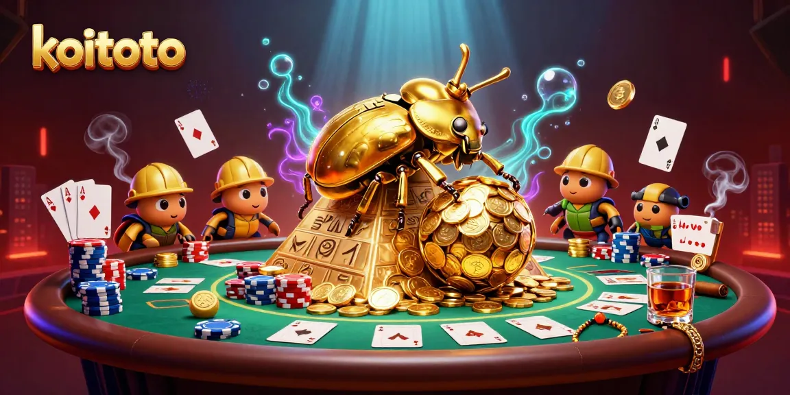 Koitoto engages players with a vibrant scene featuring a golden beetle amidst poker elements and glowing effects.