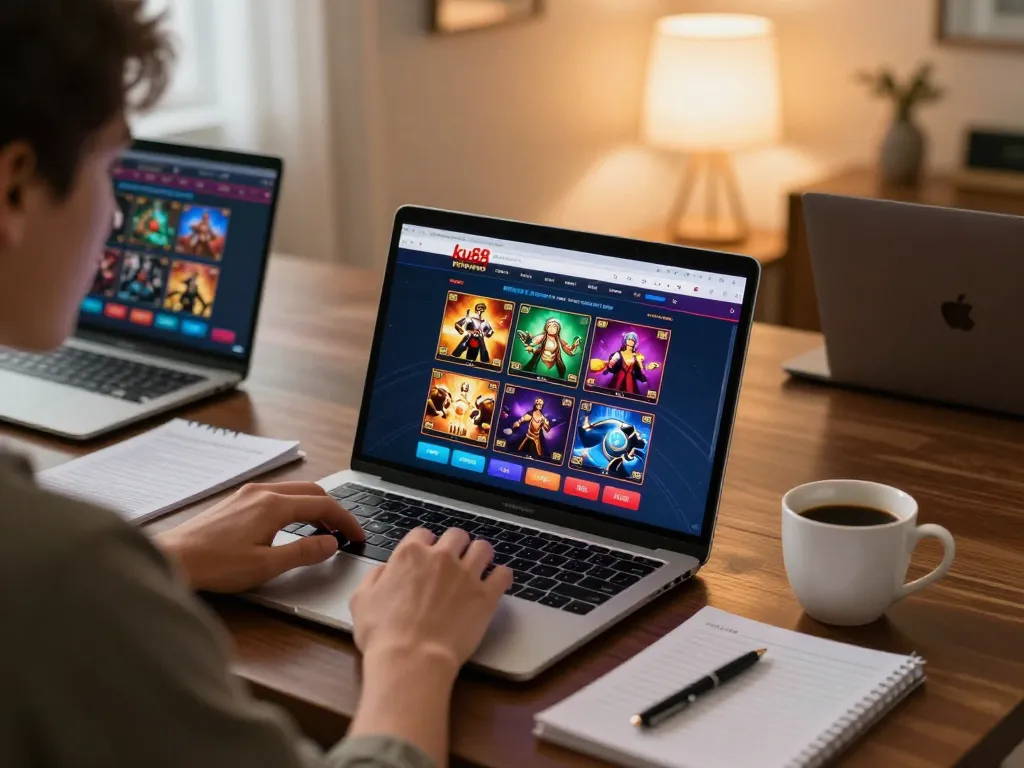 Engaging in strategic gameplay at ku88 online casino with laptop, notes, and warm ambiance