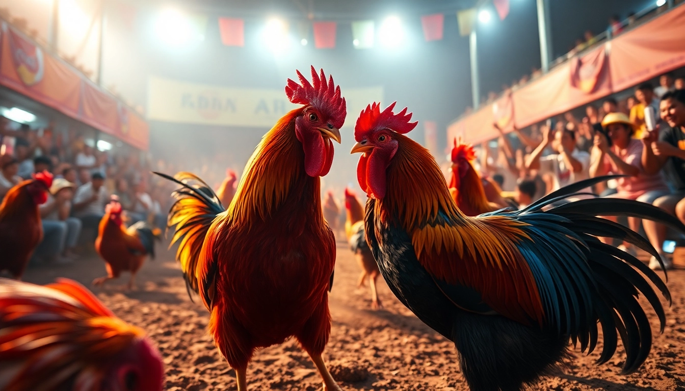Exciting live cockfighting event showcasing the energy of sabong 67 with vibrant colors and dramatic lighting.
