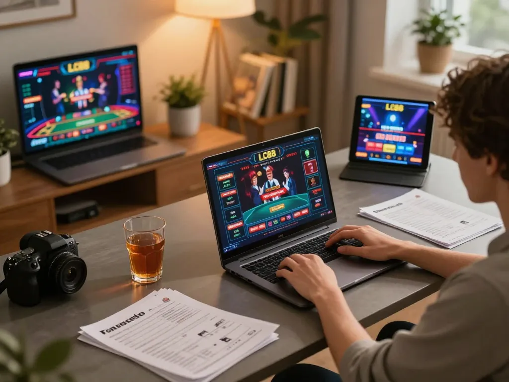 Engaging in online casino gaming with LC88 on a laptop, surrounded by strategic notes and drinks.
