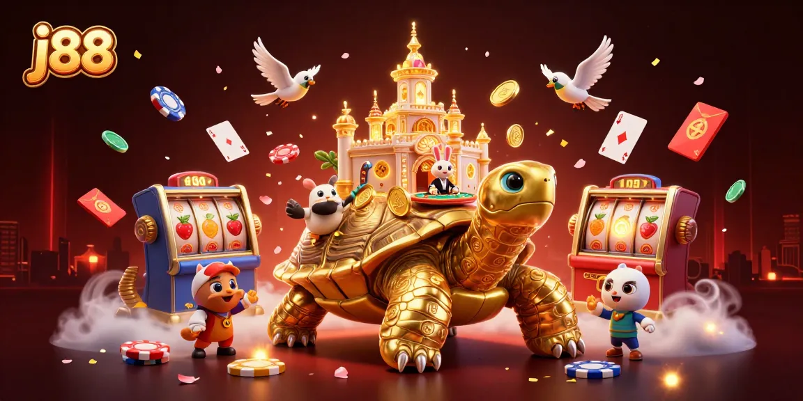 Engage in thrilling j88 gameplay with a vibrant casino scene, featuring a golden tortoise and a rabbit dealer.