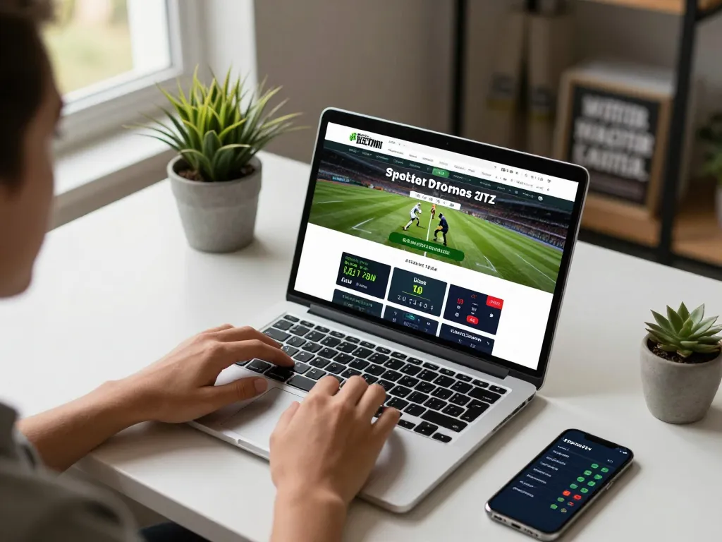 Soi kèo sports betting with a person at a modern desk using a laptop to place bets online