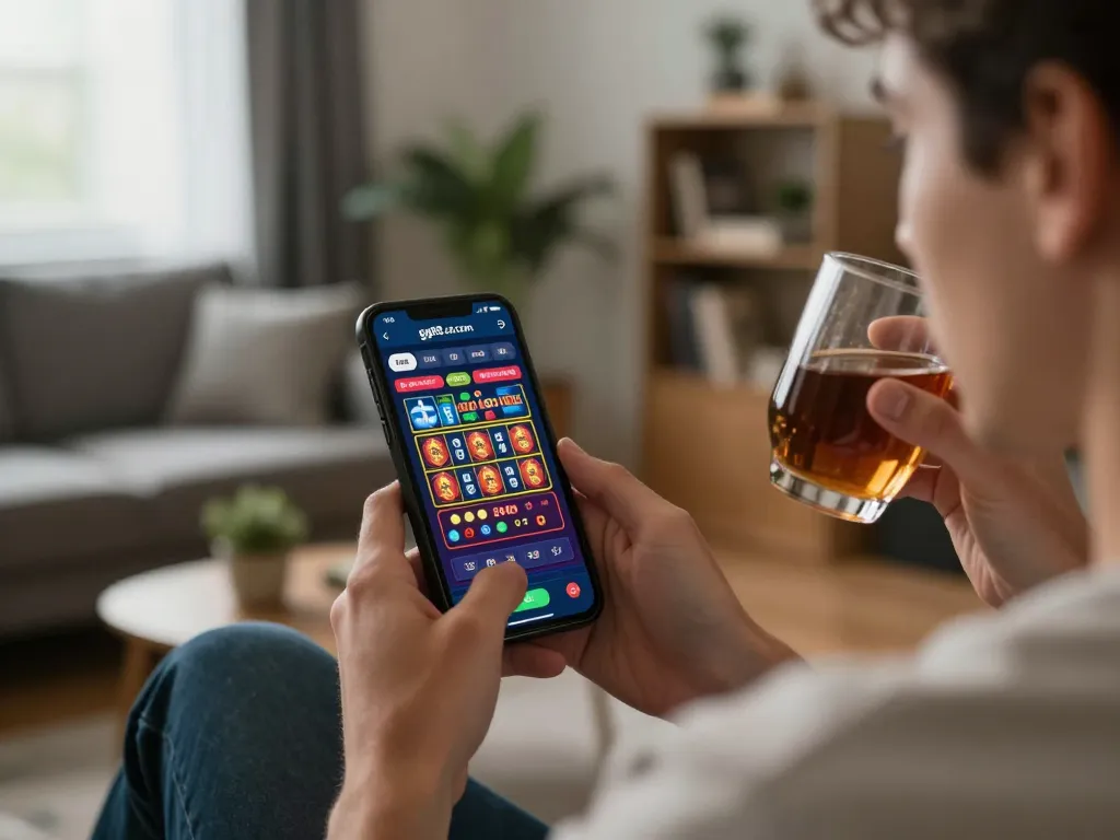 Player engaging with the gg88.cn.com app for an exciting online casino experience in a cozy living room