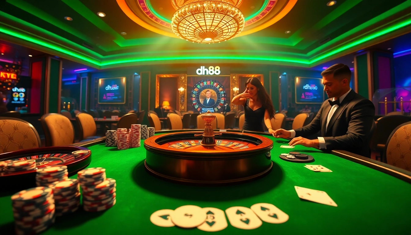 Experience excitement at dh88's blackjack table with players and a dealer in a vibrant casino atmosphere.