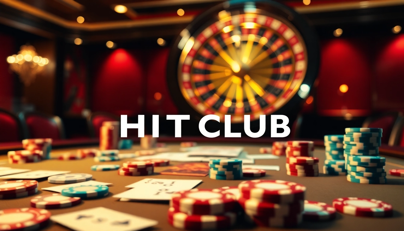 HITCLUB logo displayed in a luxurious casino setting with poker chips and cards.