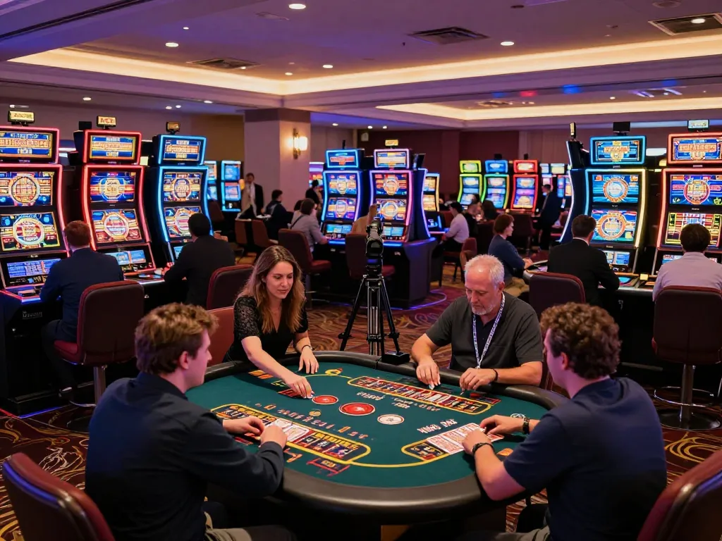 Players enjoying the best casinoer uden rofus experience at a lively gaming floor with slot machines and tables.