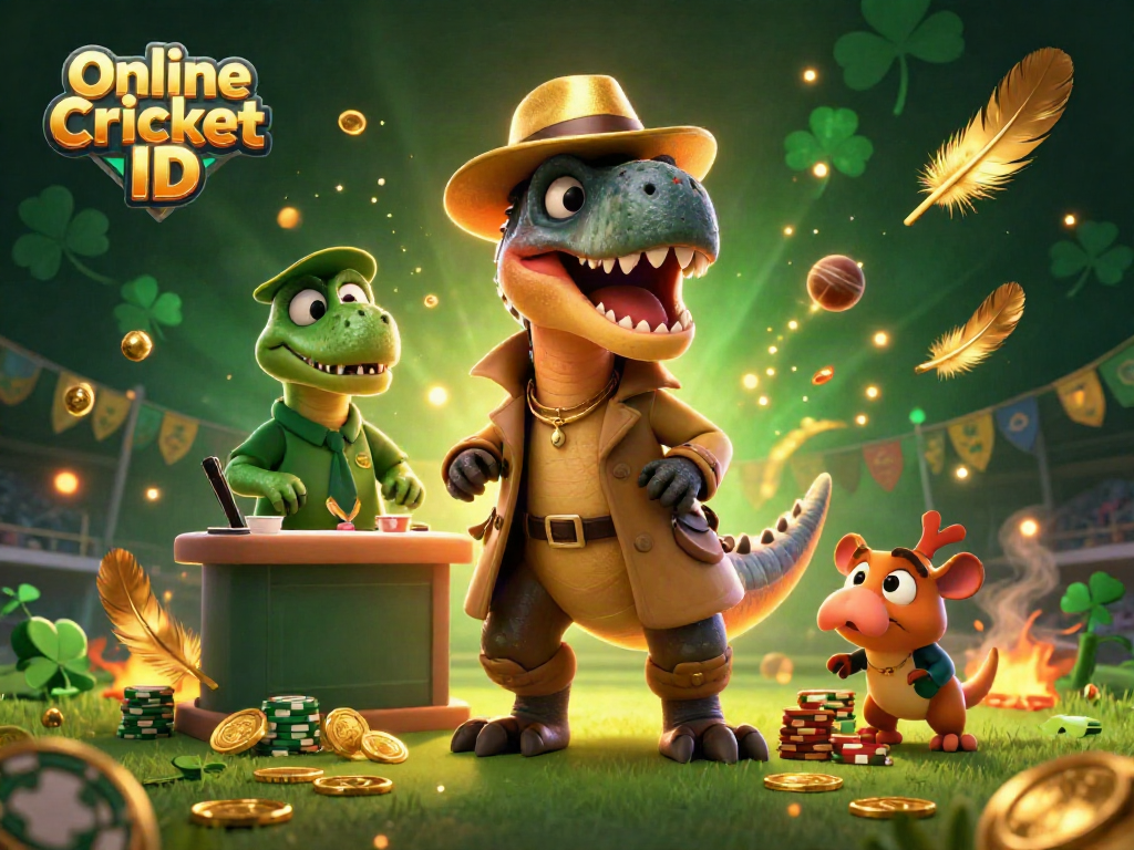 Win big with your Online Cricket ID while a velociraptor discreetly bets amidst colorful casino elements.