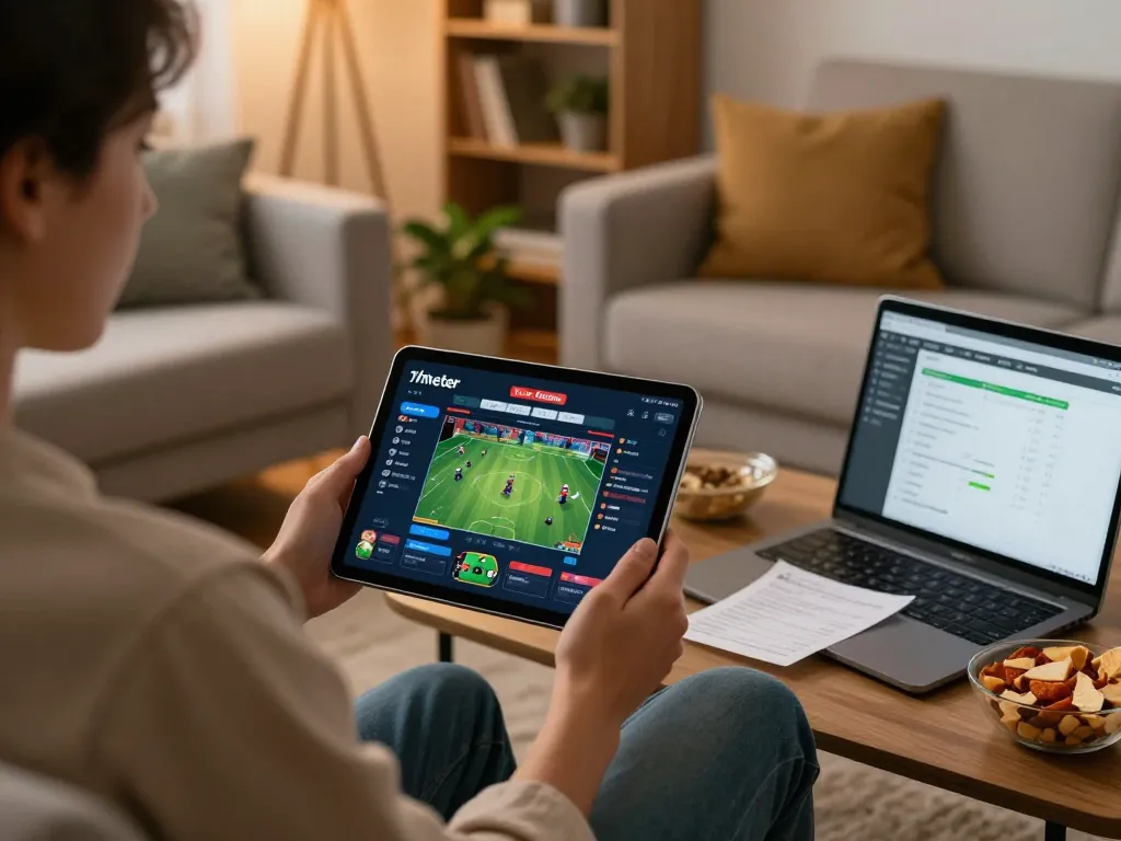 Engaging in sports betting via Livechat 7meter platform on a tablet in a cozy home setting.