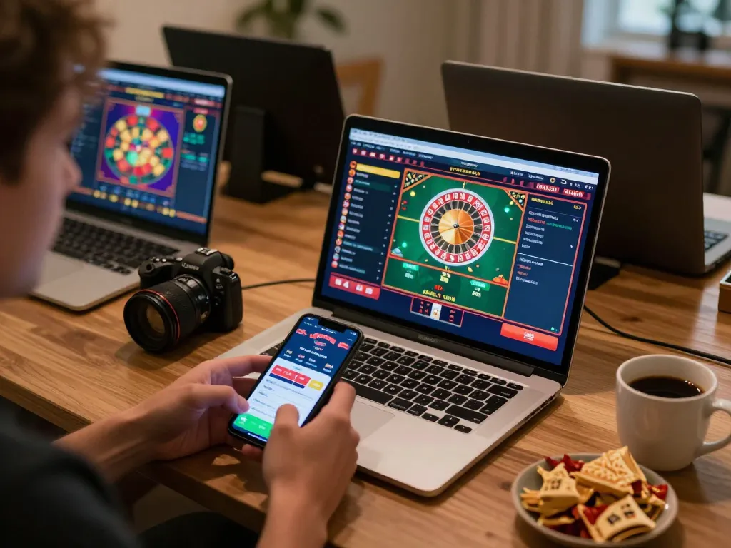 Engaged player exploring diverse games on lode88 online casino, laptop and mobile app in view