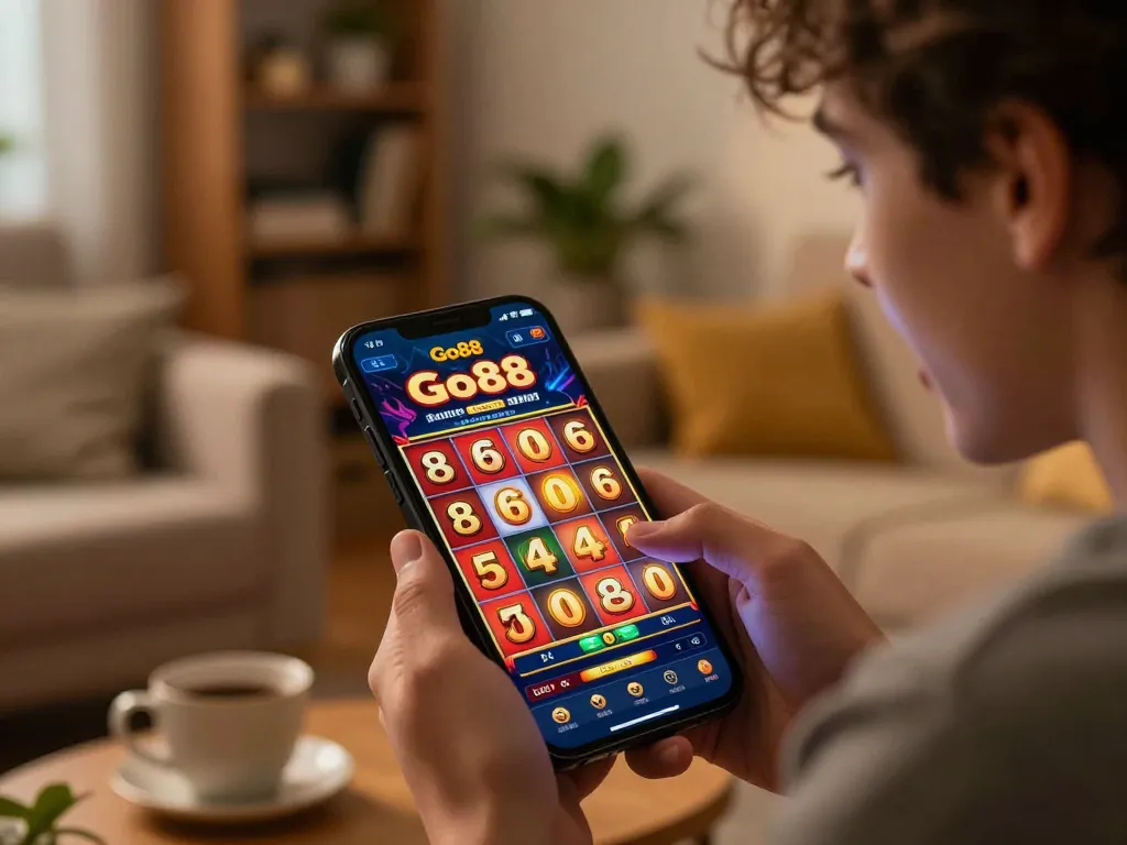 Player spins online slots on Go88 app in cozy living room, showcasing thrilling gaming experience.