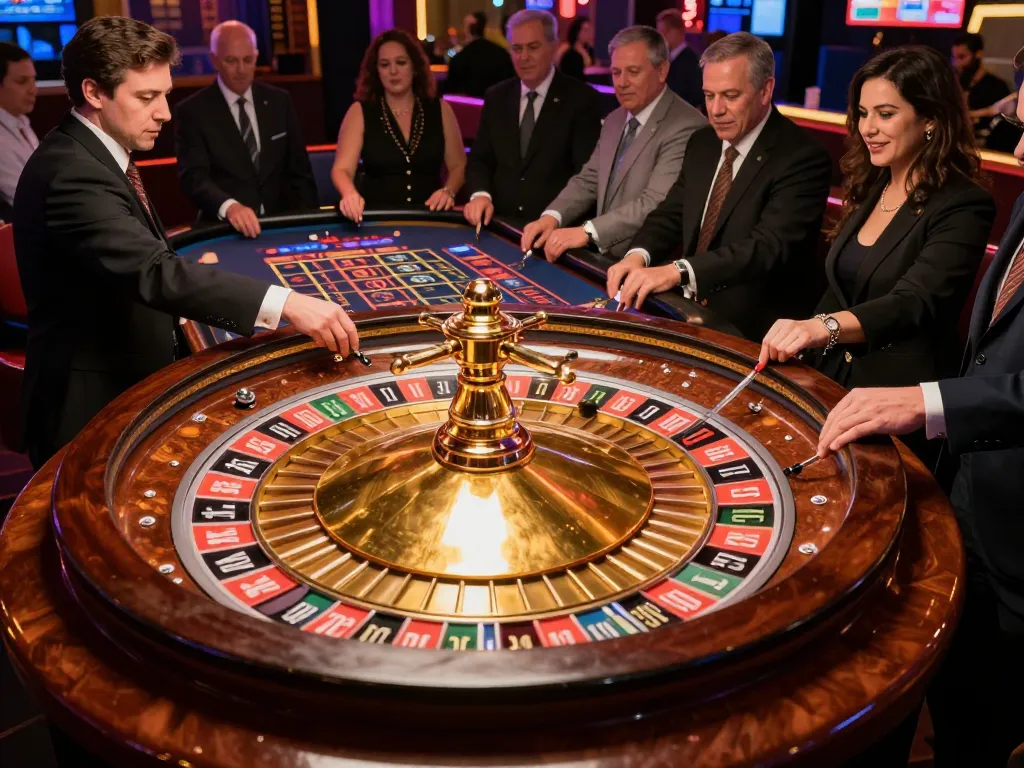 KJC players placing bets at an upscale casino roulette table, highlighting excitement.