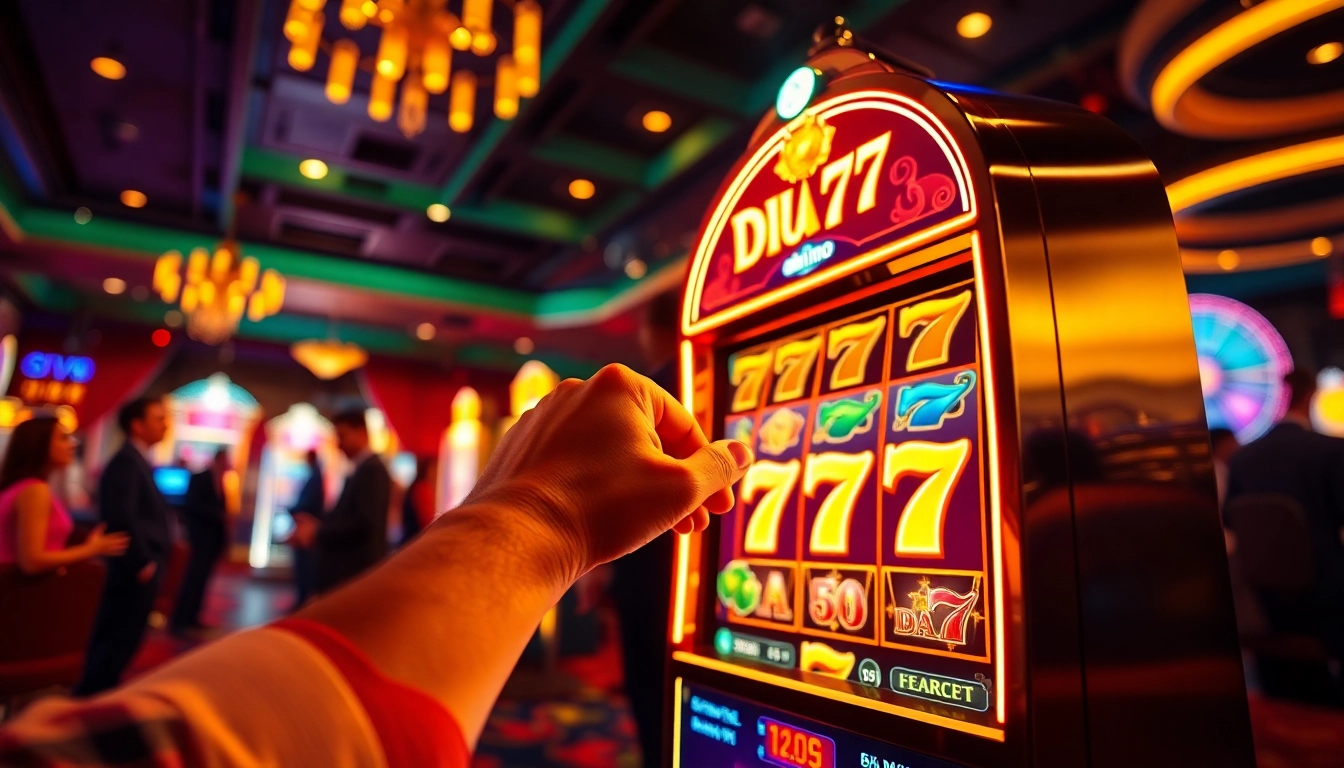 Engaging moment at a Diwa 777 casino machine, showcasing vibrant reels and lively casino background.