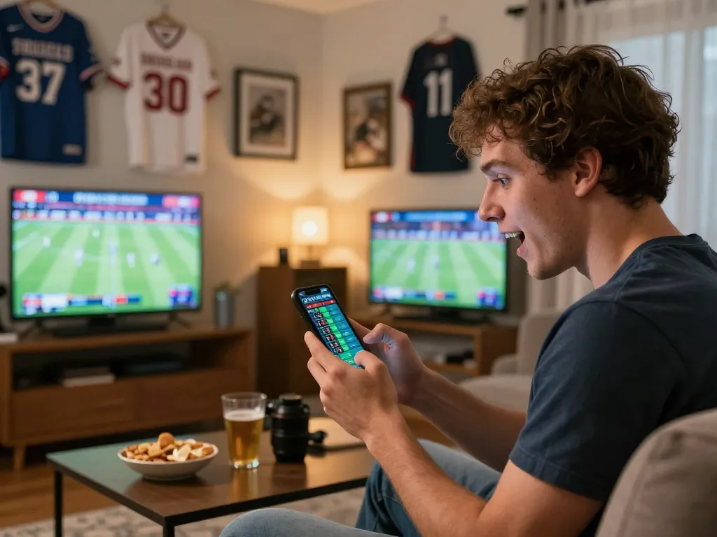 Placing bets on okking app with excitement in a cozy sports betting setup.