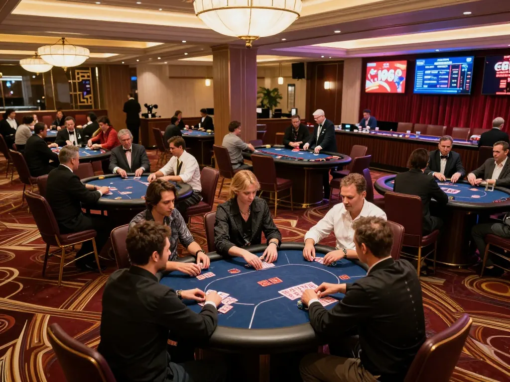Engaging gameplay at a casino floor with 789P poker tables and vibrant atmosphere.