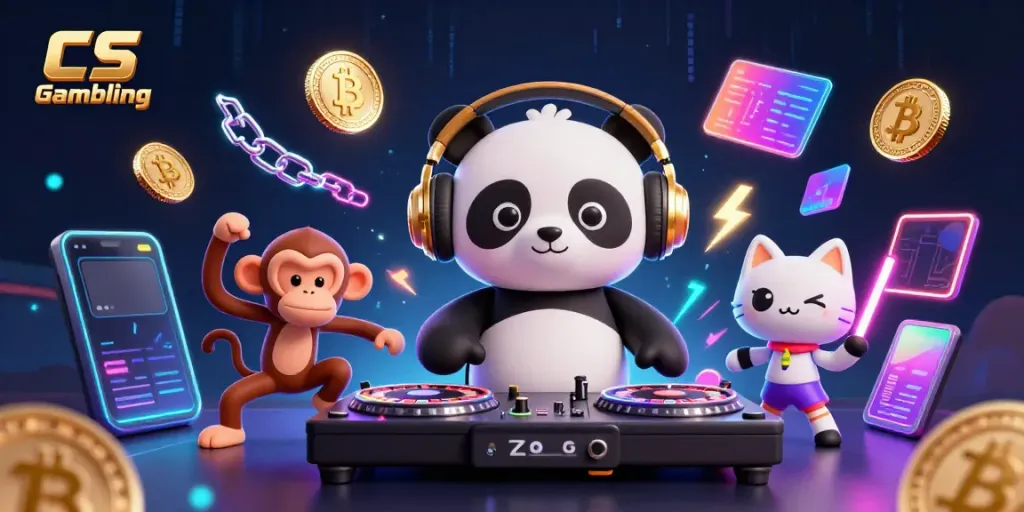 Experience CS Gambling with vibrant DJ panda, breakdancing monkey, and glow-stick kitten amidst glowing crypto elements.