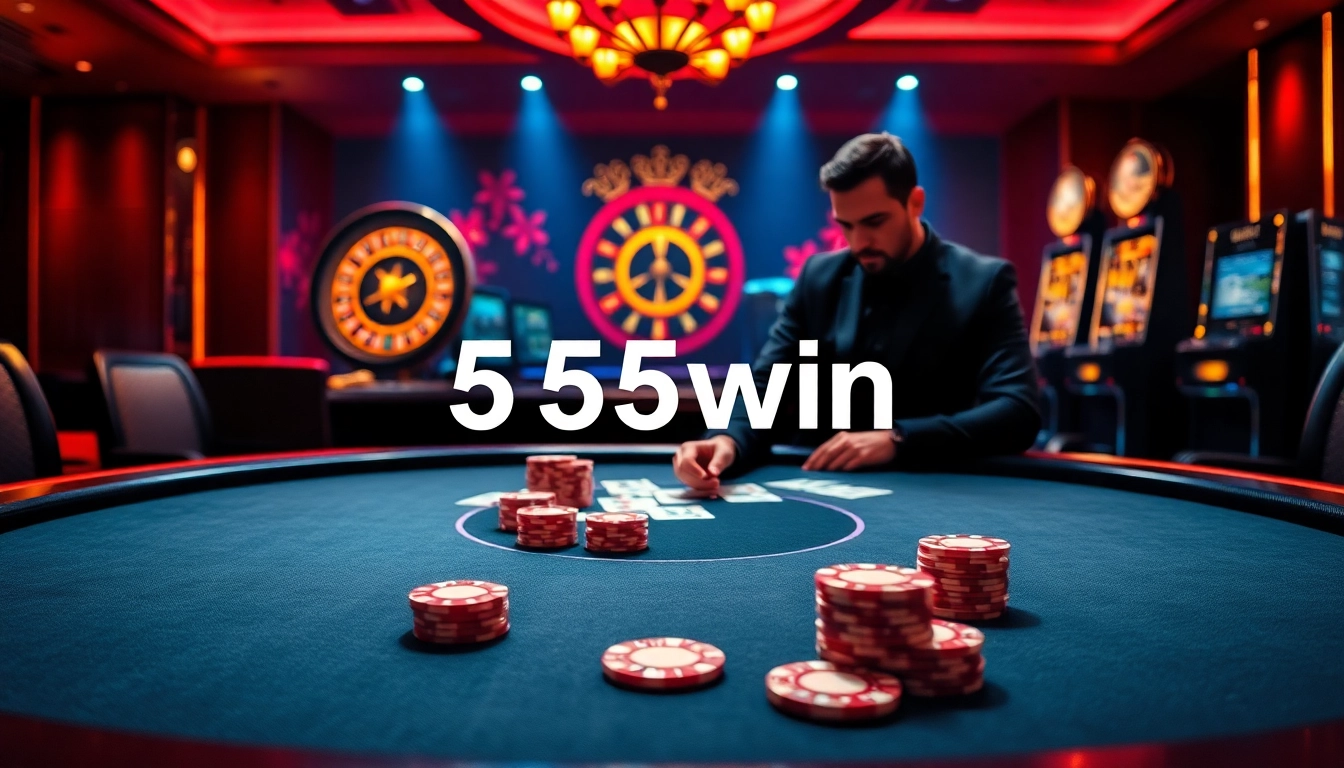 Experience thrilling gameplay at 555win with a luxurious poker table and vibrant casino atmosphere.