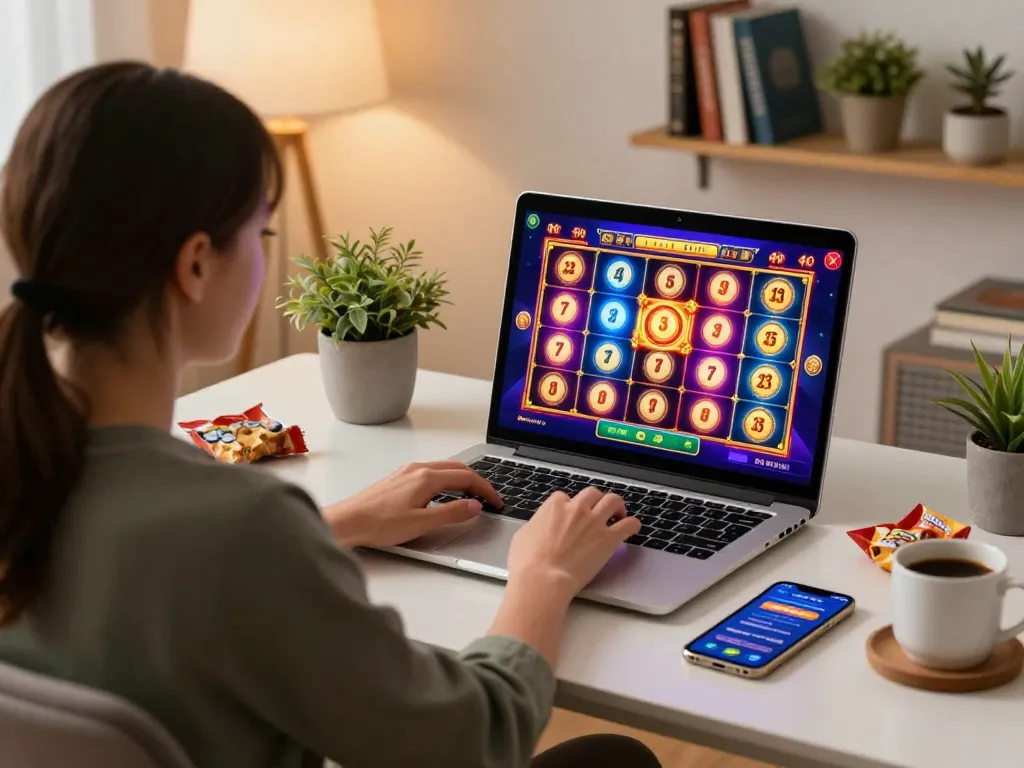 Situs slot gacor gameplay displayed on a laptop screen with engaging animations, showcasing an online gambling atmosphere