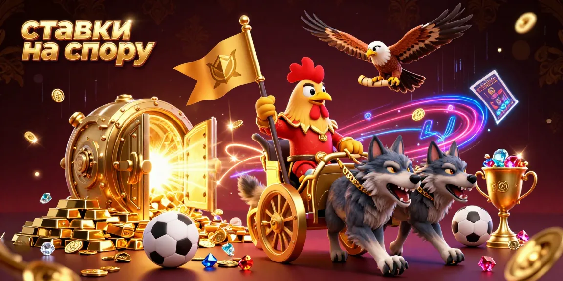 Betting on sports illustrated by a rooster warlord and wolves amidst treasures.