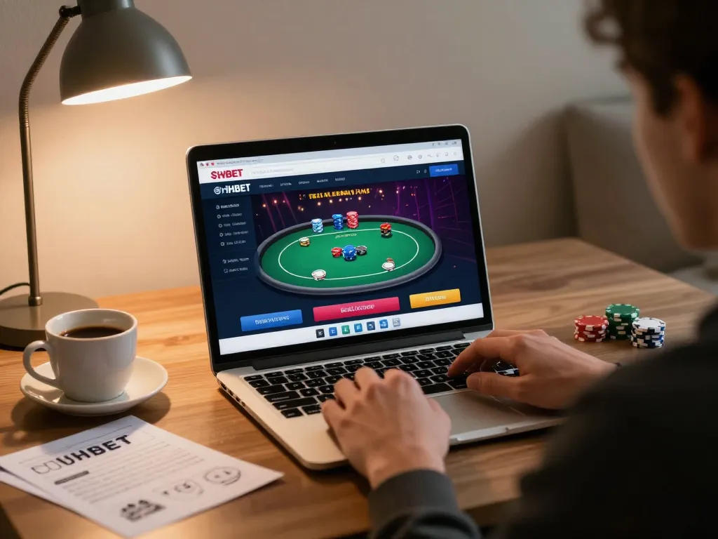 Engaging in SHBET poker strategy with a focused online gaming setup in a cozy home.