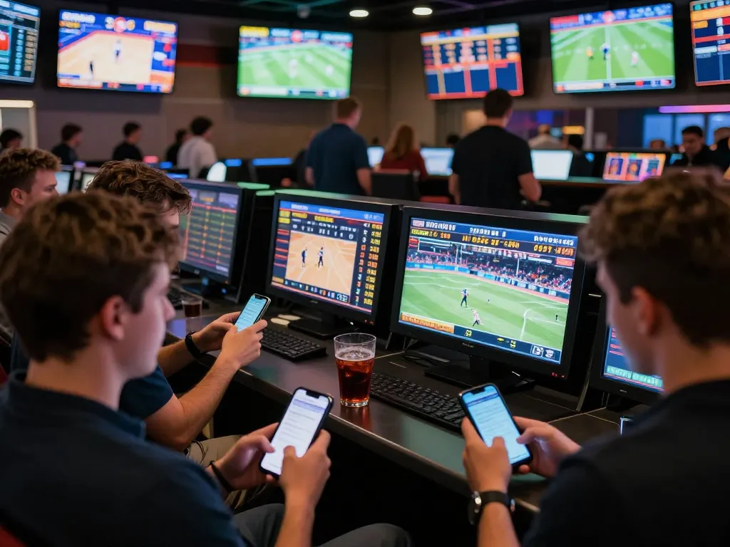 Engaged bettors analyzing odds on mobile devices at AU88 sports betting venue creating a dynamic atmosphere.