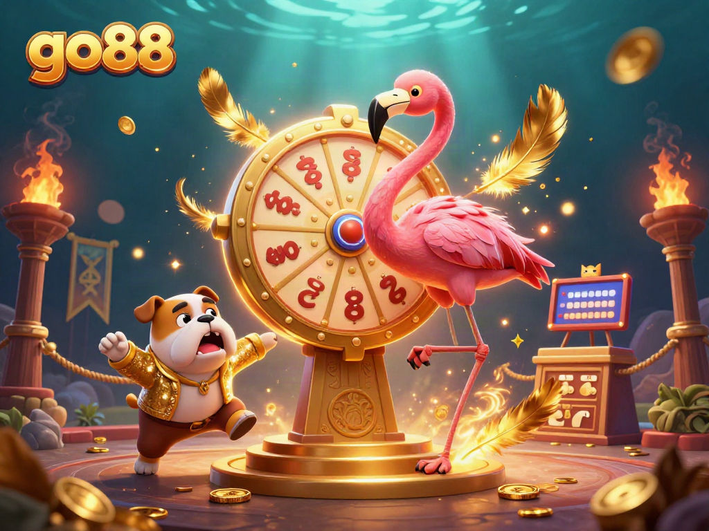 Win big with go88 as a game show host spins the prize wheel amidst festive casino elements.