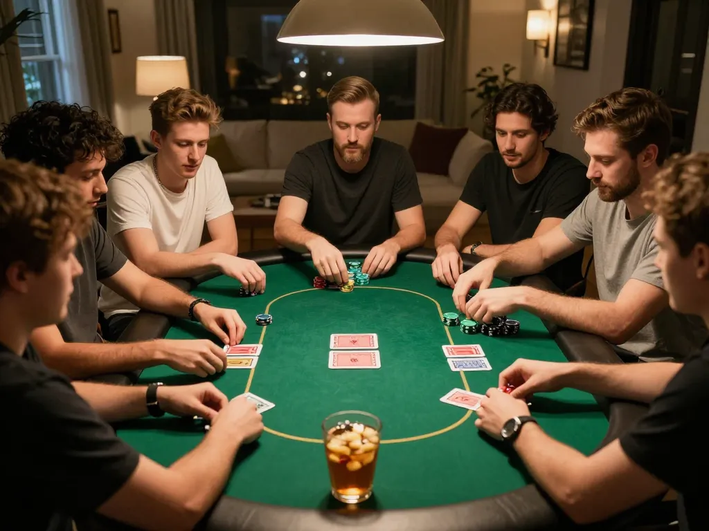 68win players engaging in a thrilling home poker night with chips and cards