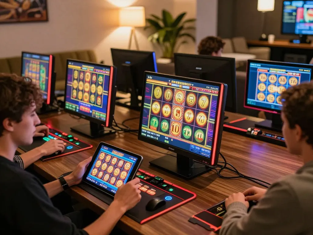 Engaged players enjoying kdslot games on devices, showcasing strategic online gambling.