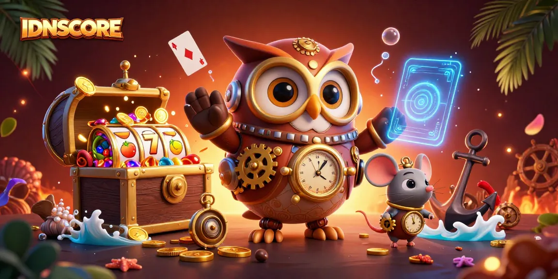 IDNSCORE gaming experience features vibrant slot reels, exciting characters, and engaging casino elements.