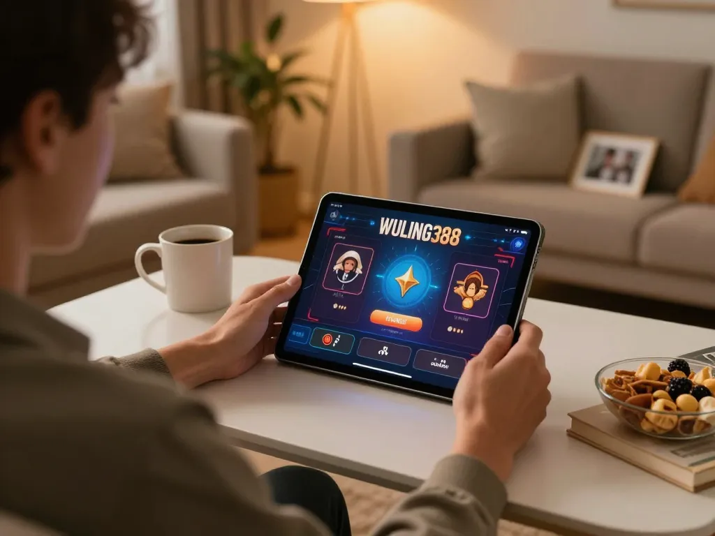 Antarmuka permainan online WULING388 ditampilkan di tablet dalam suasana rumah yang nyaman