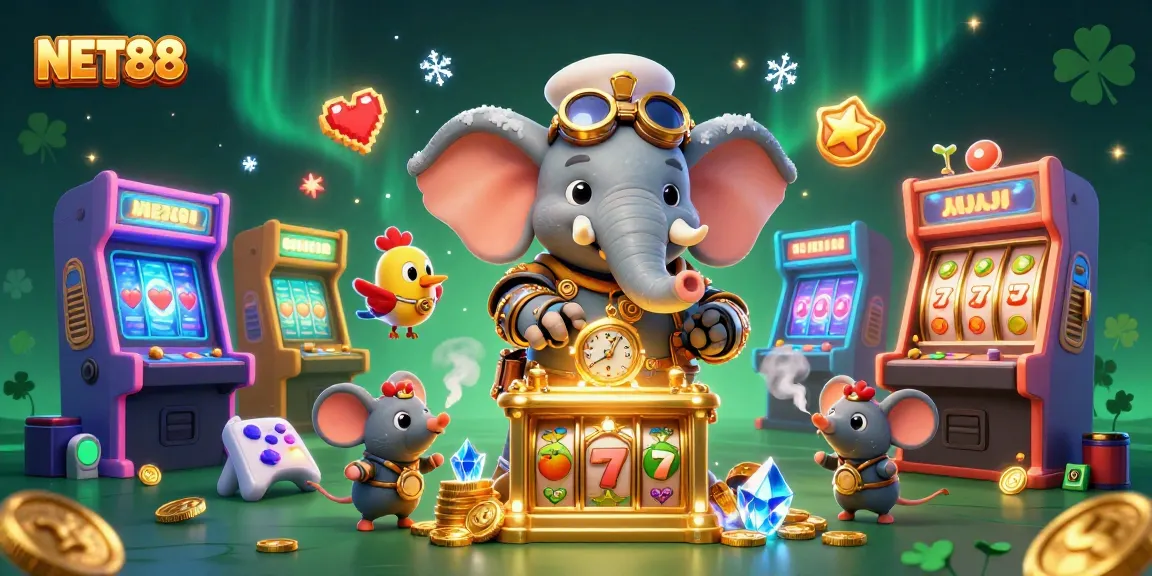 Spin the golden slot machine with NET88, featuring a steampunk elephant engineer in a dynamic casino scene.