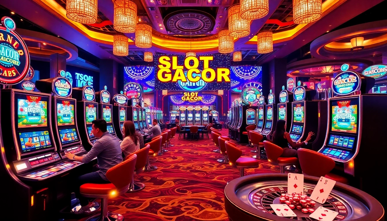 Engaging players enjoy Slot Gacor in a vibrant casino atmosphere with dynamic lights.