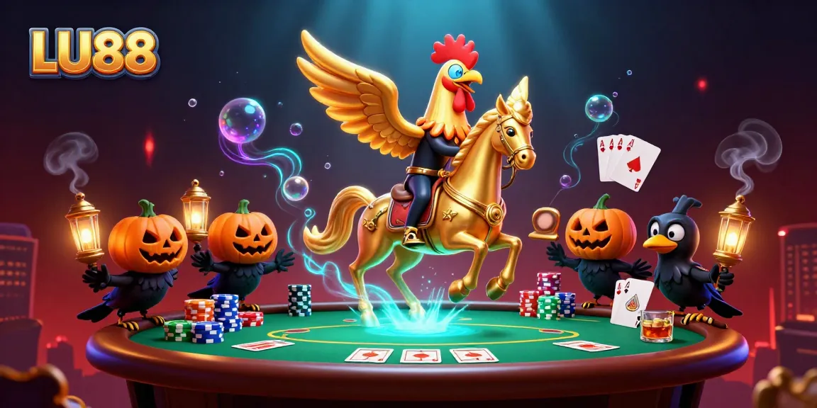 LU88's golden rooster leading a vibrant midnight casino scene filled with poker elements.