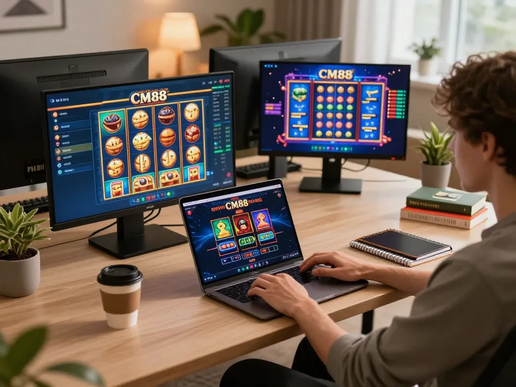Player engaging in online gaming at CM88 with colorful game interface in a cozy home office setting
