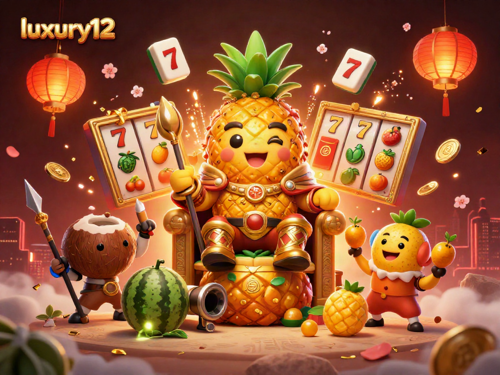 Gambarkan gameplay luxury12 dengan raja nanas emas dan elemen permainan kasino yang meriah.