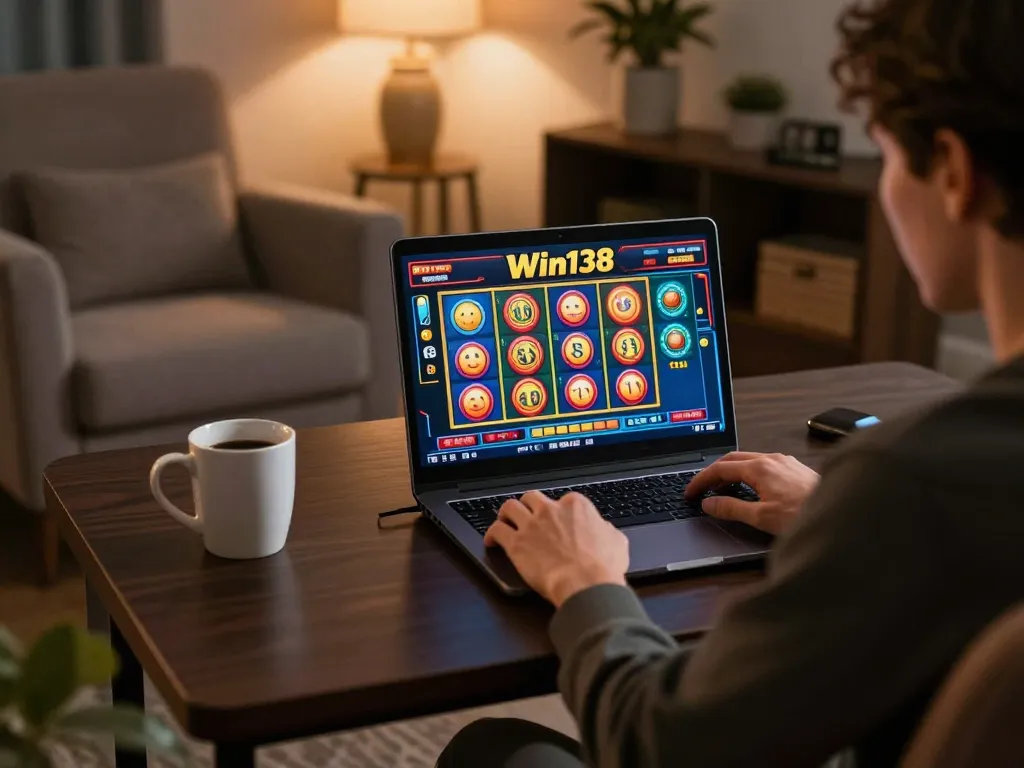 Engaging gameplay at Win138 casino slots shown on laptop in a cozy home setting