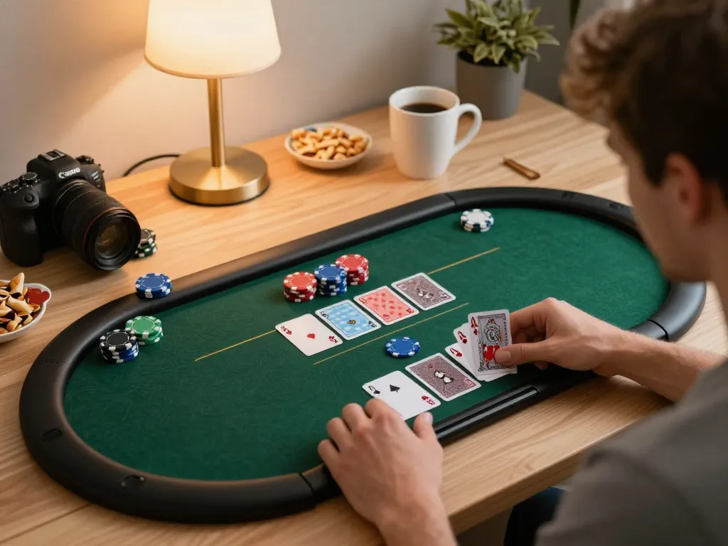 Engaging in bdtk66 online poker game on tablet in cozy home office setting.